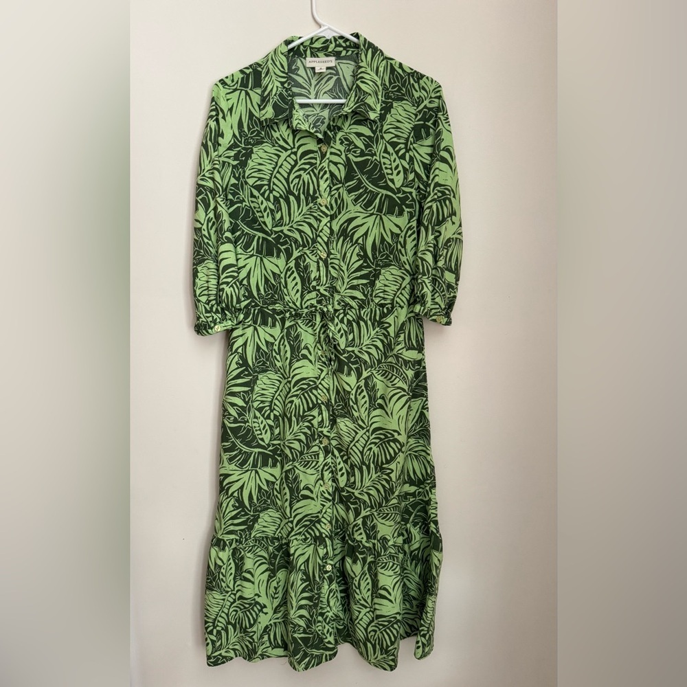 Appleseed’s Tropical Green Leaf Print Button Front Midi Dress Women’s Size 8